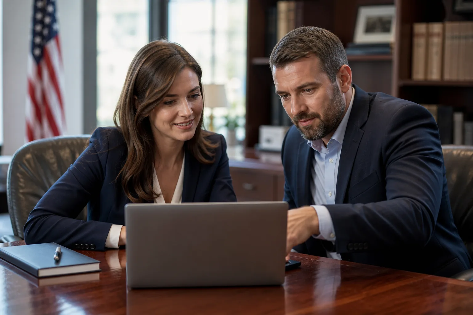 Professionals reviewing a website and search plan together in a bright conference room.