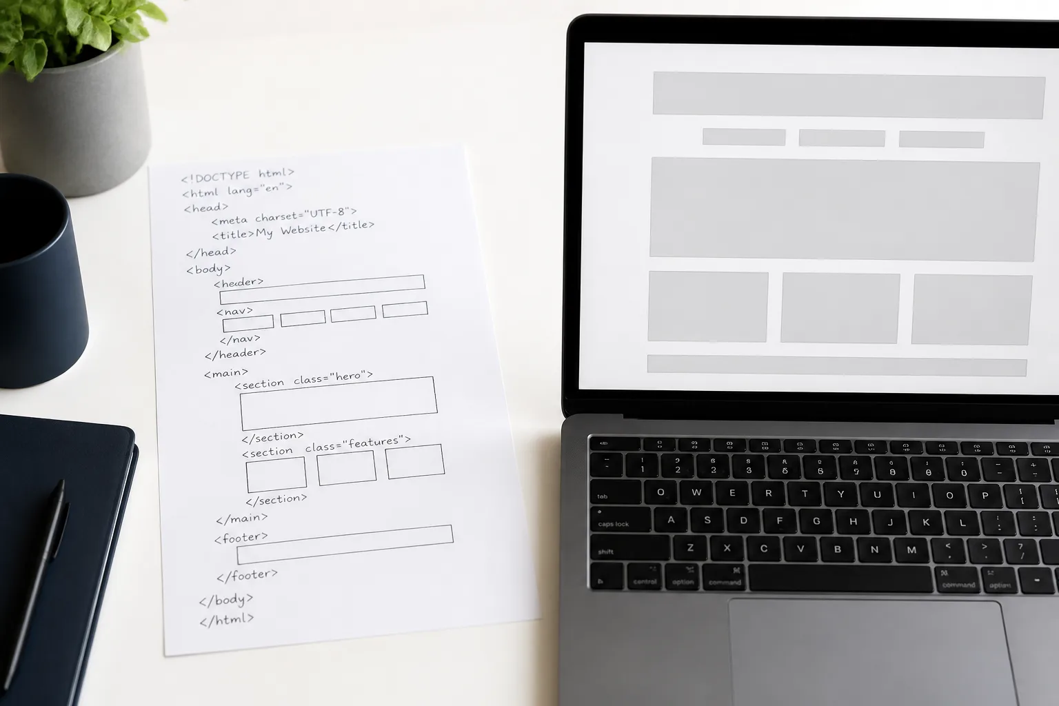 Clean HTML and CSS files beside a simple finished webpage.