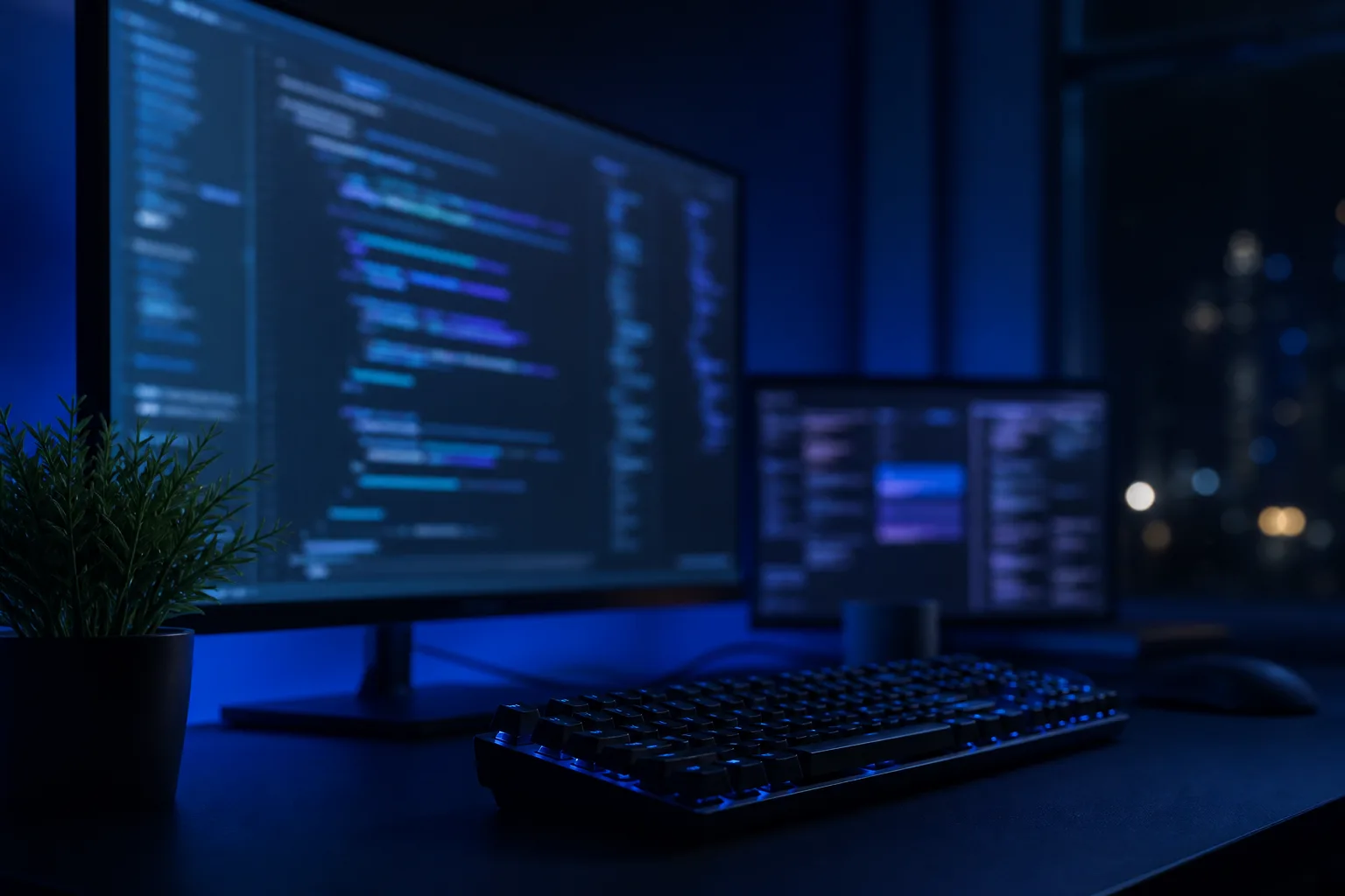 A code editor open on a laptop beside a notebook.