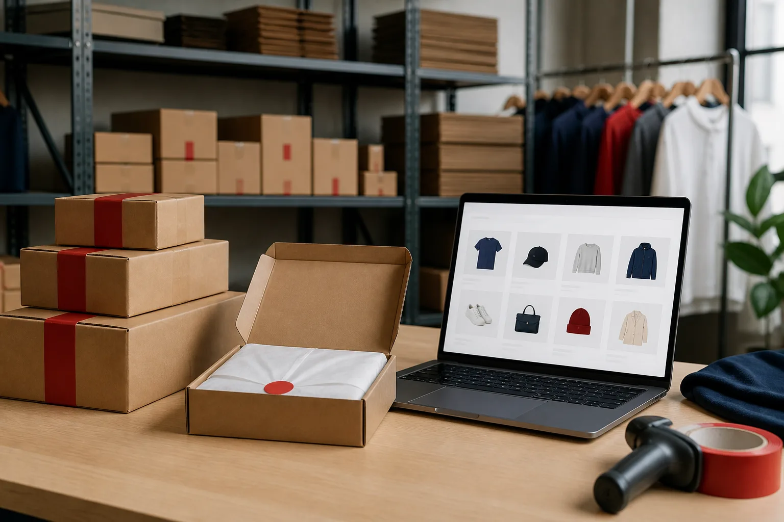 Packed boxes and a laptop on an ecommerce packing table.