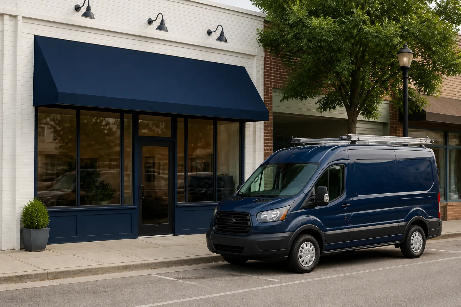 A service van parked outside a clean American storefront.