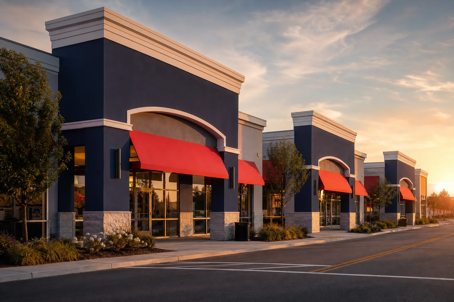 A row of similar commercial storefronts along a suburban street.