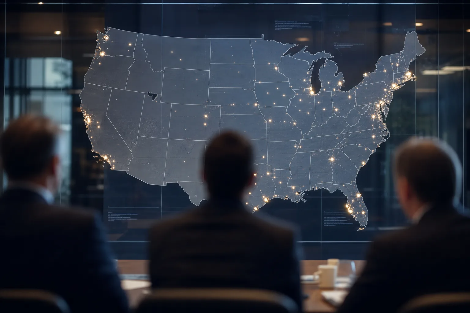 A conference room with a large United States map on the glass.