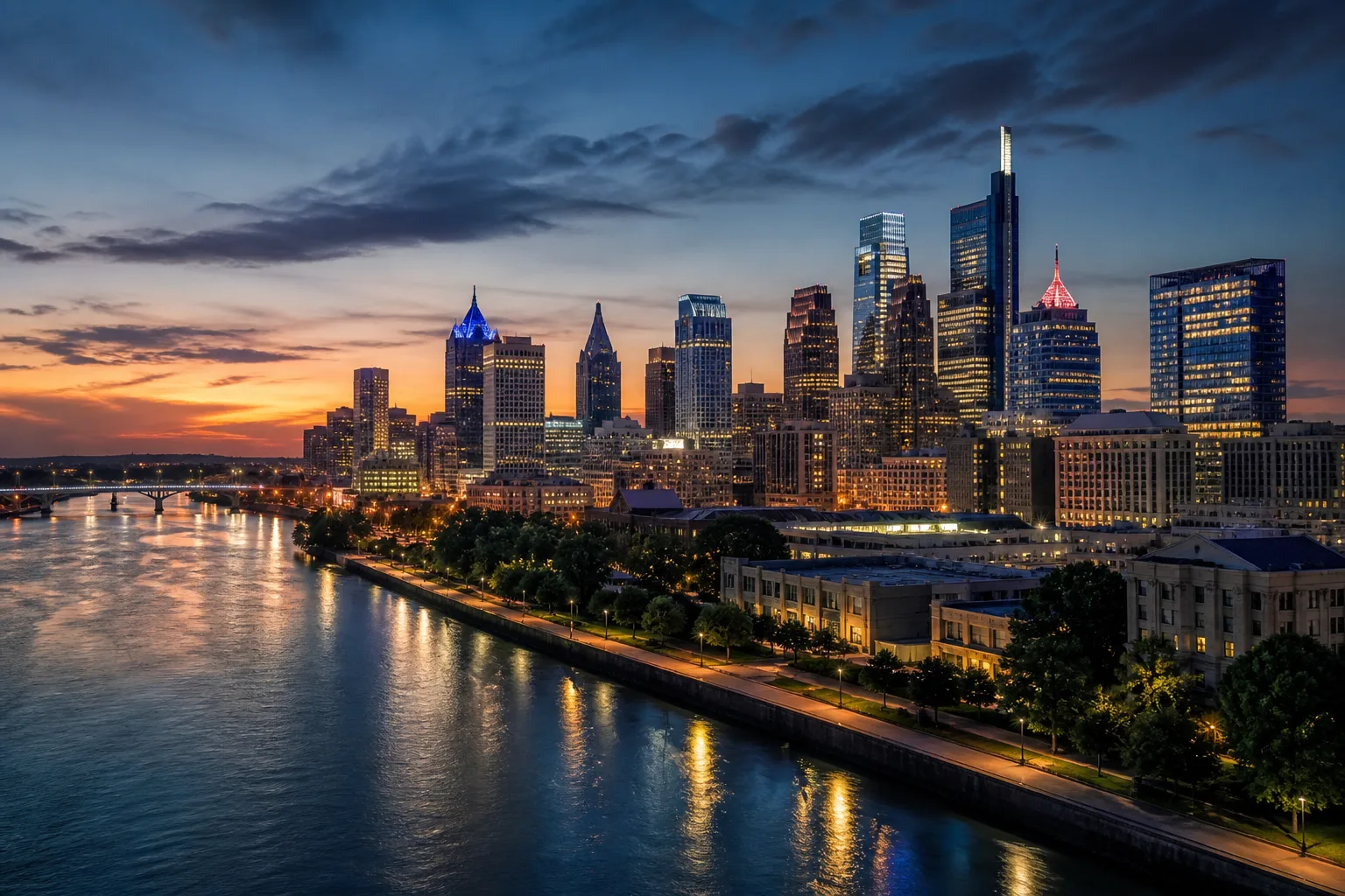 A U.S. metropolitan skyline at dusk.