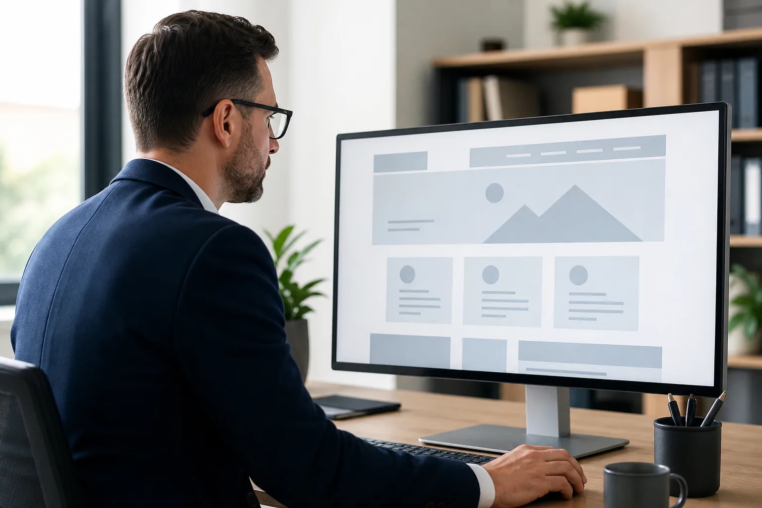 A designer reviewing a website layout on a large monitor.