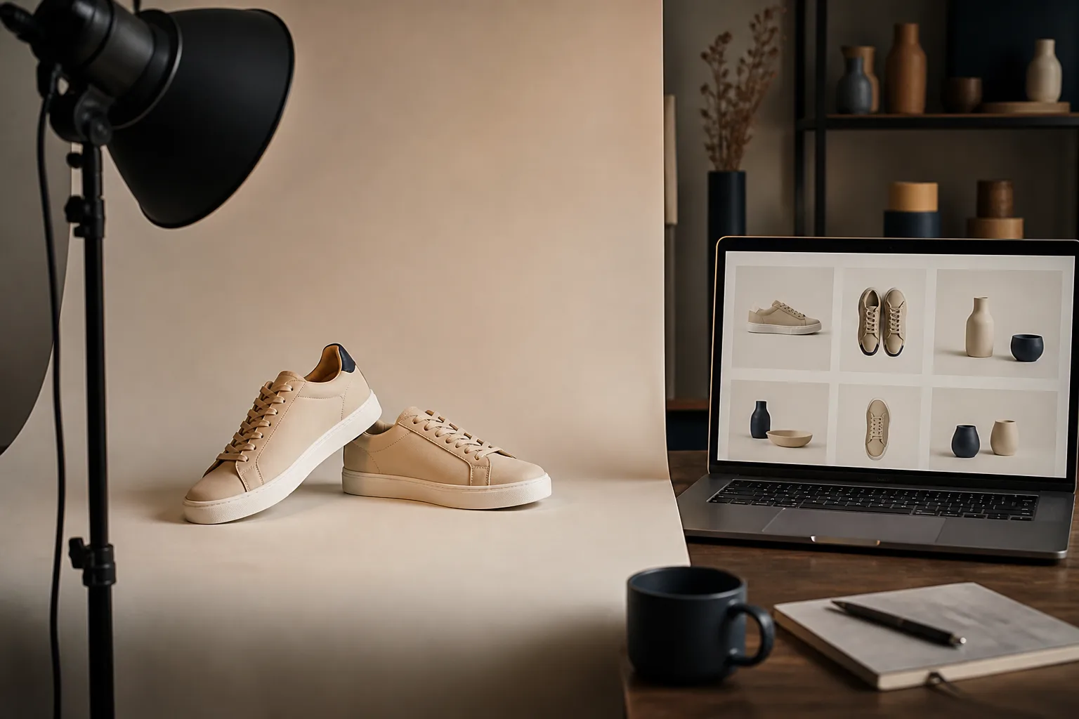 Product photography setup beside a laptop showing a storefront grid.