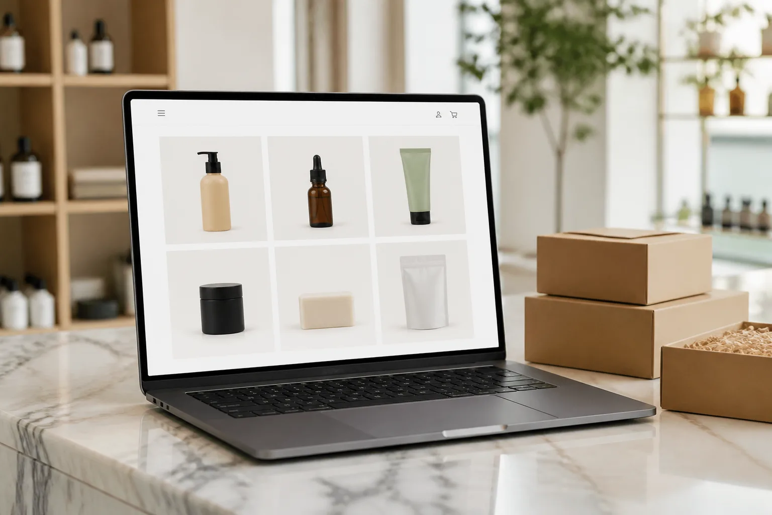 Laptop showing an unlabeled ecommerce product grid.